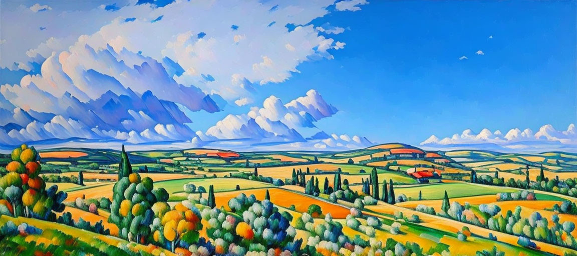 Colorful Landscape Painting: Rolling Hills, Farmhouses, Dynamic Sky