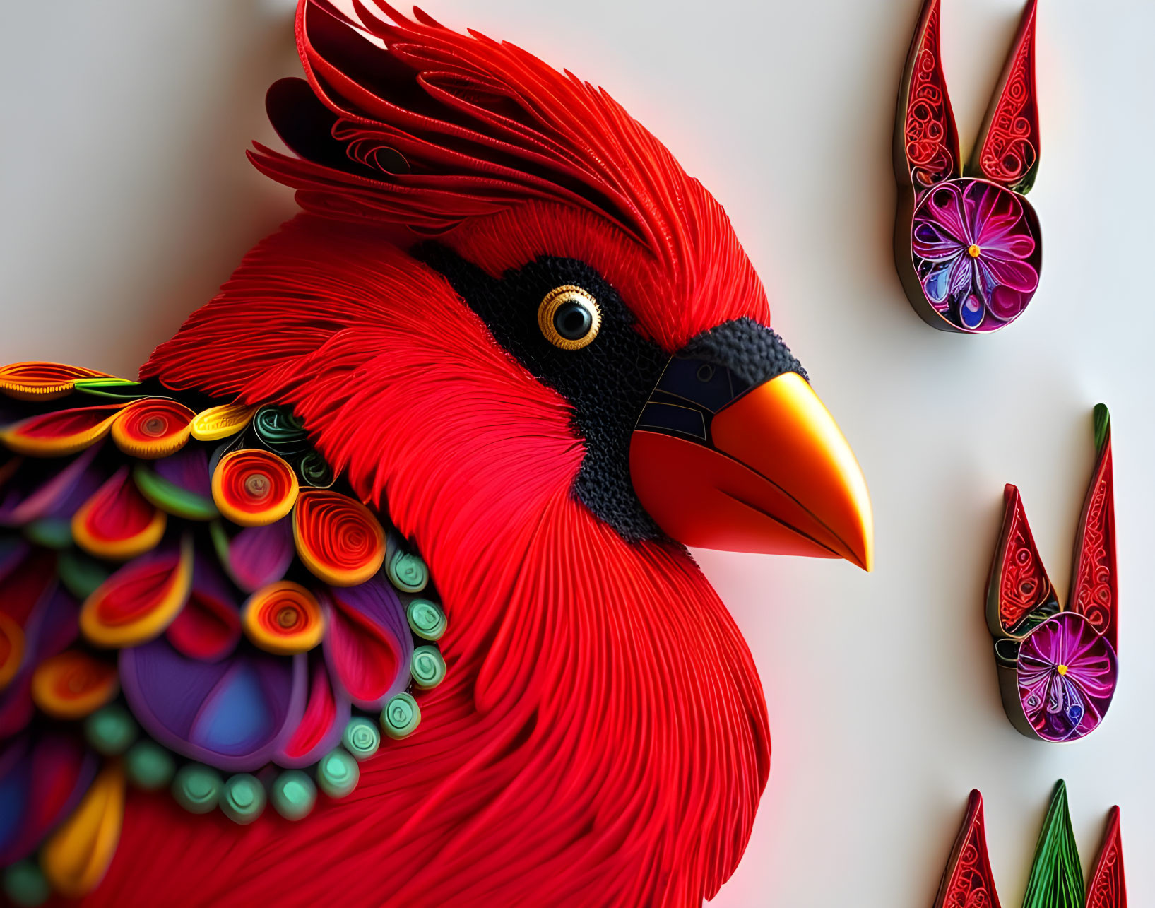 Colorful Paper Art Sculpture of Red Bird with Rainbow Feathers