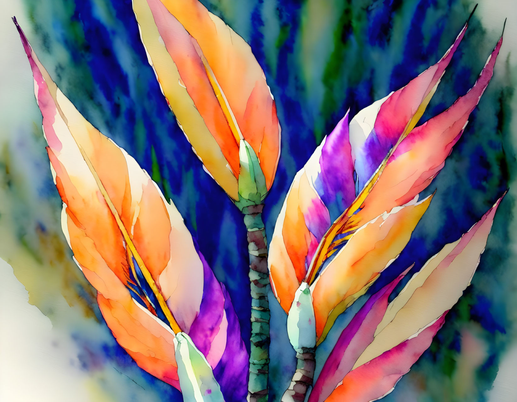 Vibrant watercolor painting of bird-of-paradise flowers on blue background