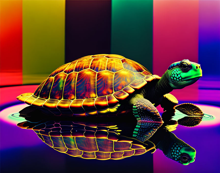 Colorful Turtle with Iridescent Shell on Rainbow Background