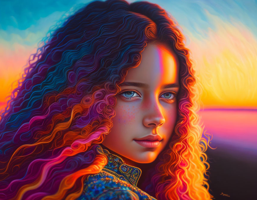 Colorful digital portrait of a girl with curly rainbow hair against vibrant sunset backdrop