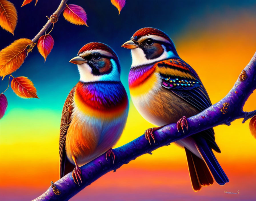 Colorful Birds Perched on Branch in Sunset Sky