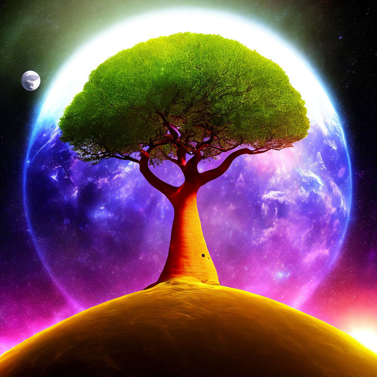 Surreal artwork: immense tree on small planet with cosmic backdrop