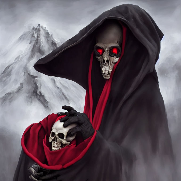 Cloaked figure with skull face holding smaller skull against misty mountain.