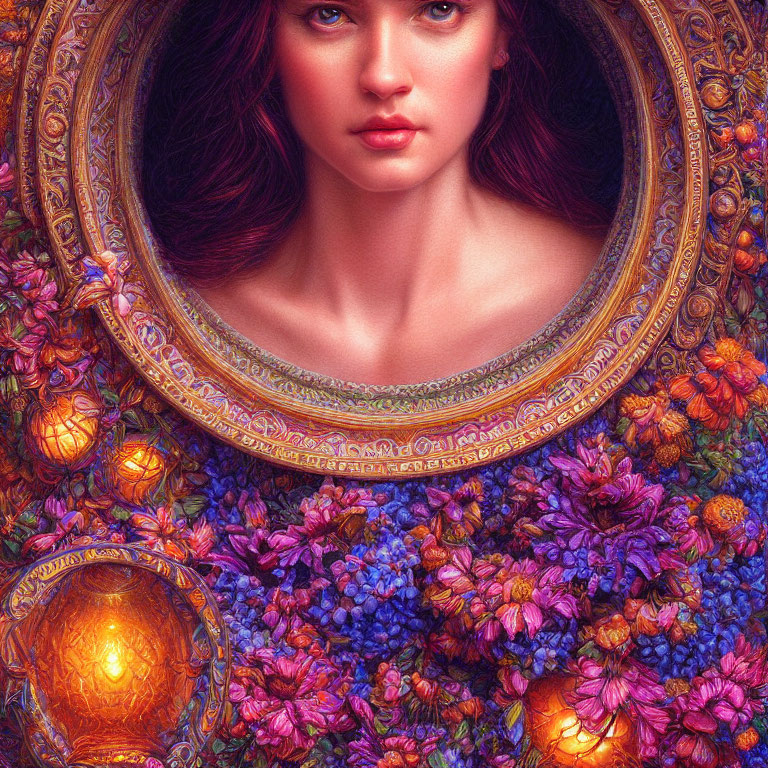 Striking-eyed woman in ornate circular frame with vibrant flowers & lanterns