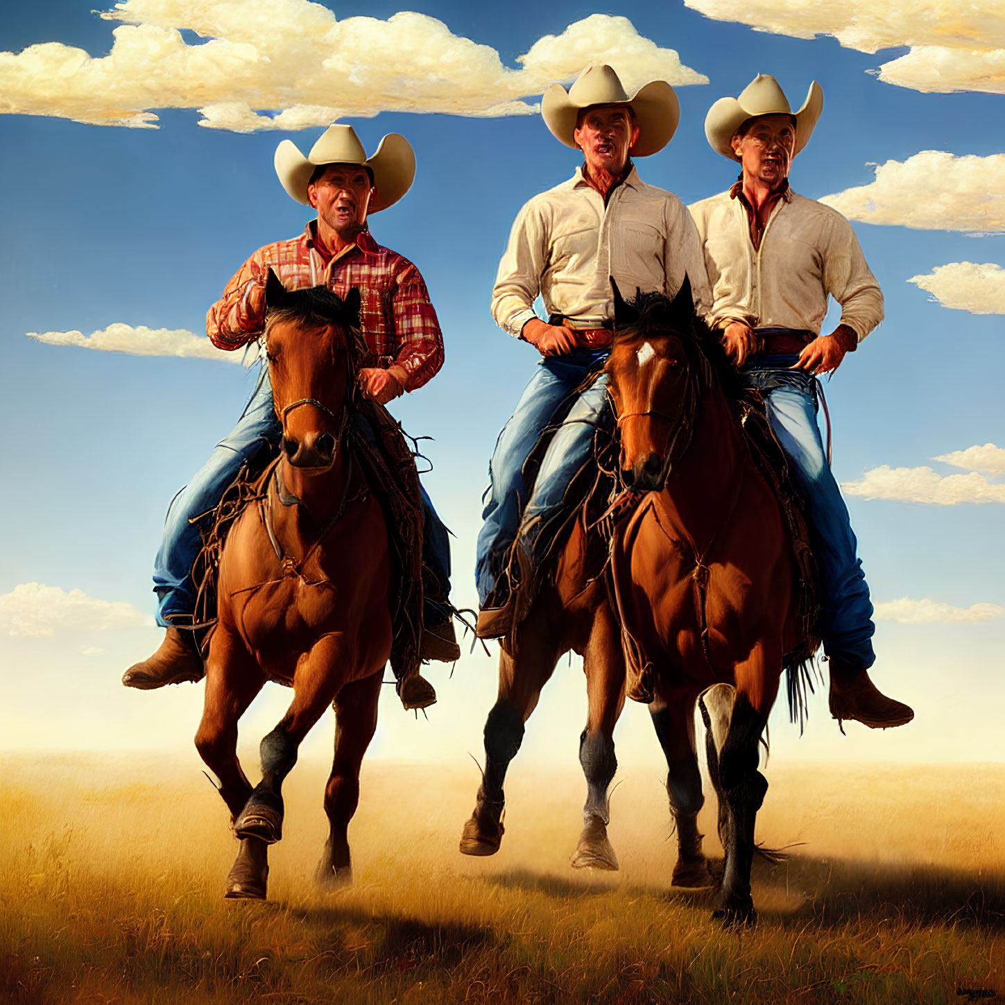 Cowboys on horses in grassy plain under cloudy sky