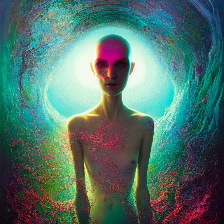 Bald Figure with Luminescent Skin in Cosmic Background