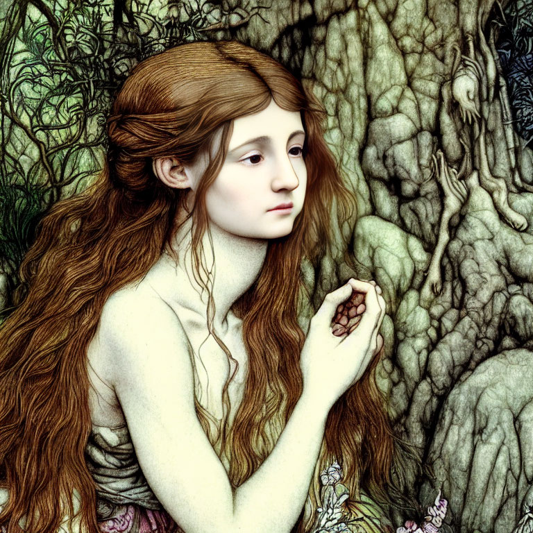 Young woman with wavy hair in mystical forest scene