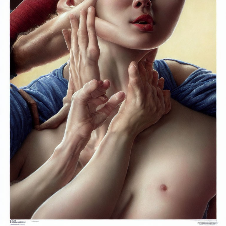 Hyperrealistic Artwork: Woman's Head & Torso with Multiple Hands Holding Her