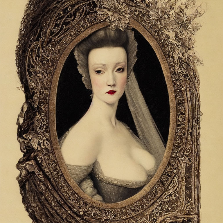 Vintage portrait of a woman with pale skin, red lips, and elaborate hairstyle in ornate oval frame