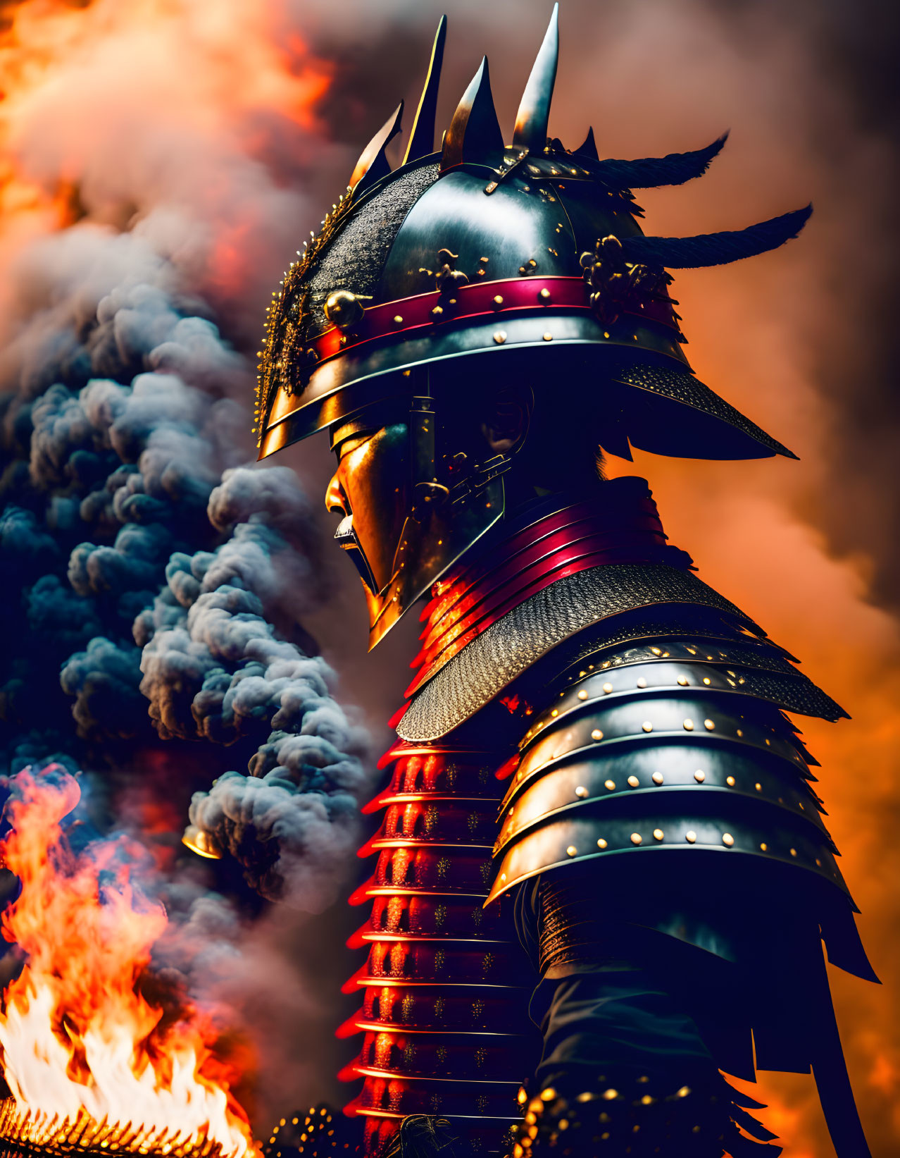 Ornate samurai in armor against dark clouds and flames