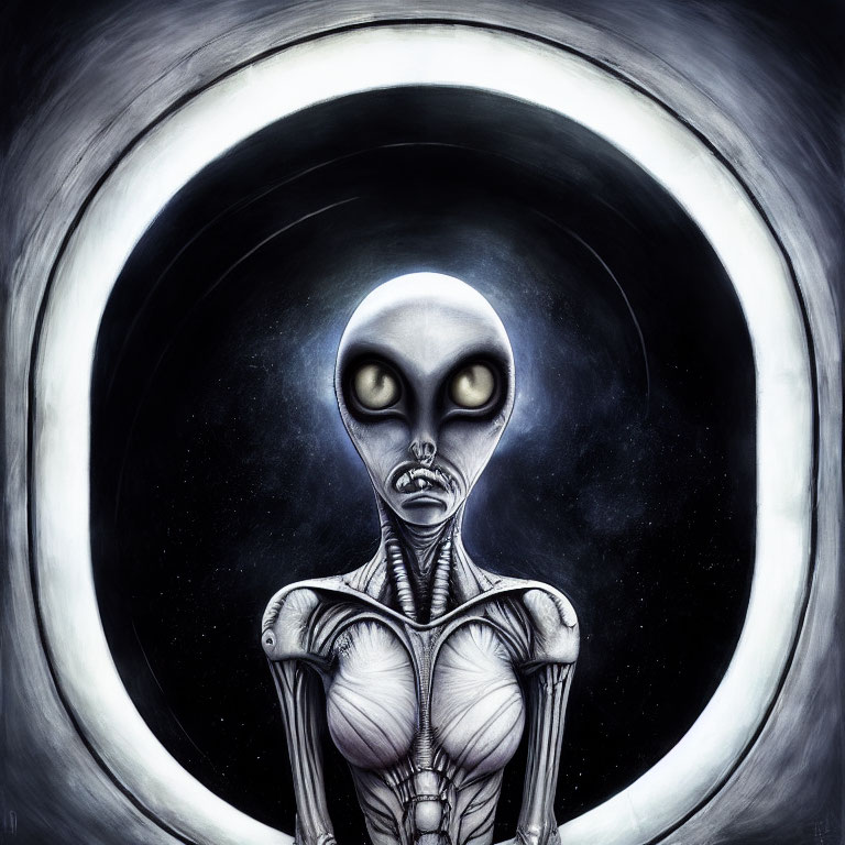 Alien illustration with large eyes in concentric circles on starry space background