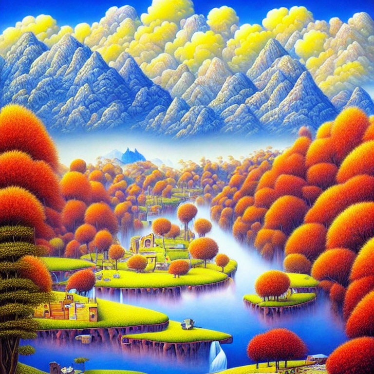 Colorful landscape painting: orange trees, blue mountains, fluffy clouds, serene river.