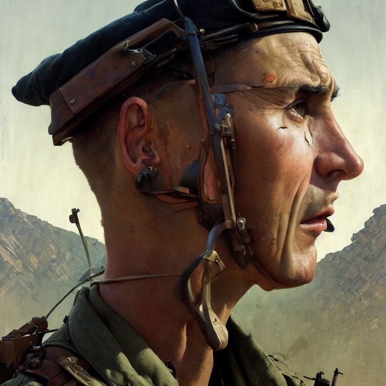 Digital Art: Close-Up Soldier with Helmet and Radio Earpiece