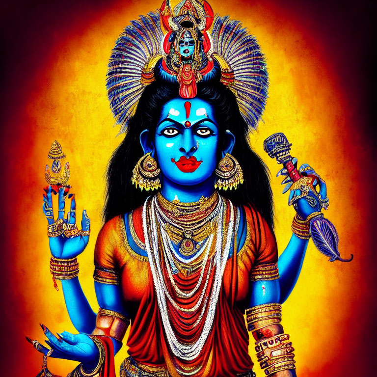 Vibrant Hindu deity Kali with blue skin and multiple arms on fiery orange backdrop