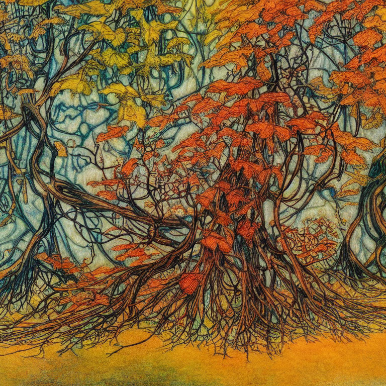 Colorful drawing of dense forest with prominent tree in autumn hues