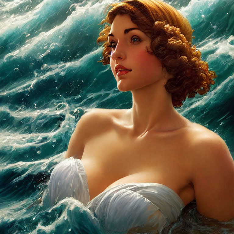 Red-Haired Woman in White Garment Emerging from Turbulent Sea Waves