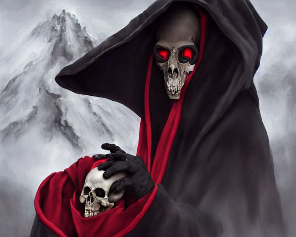 Cloaked figure with skull face holding smaller skull against misty mountain.