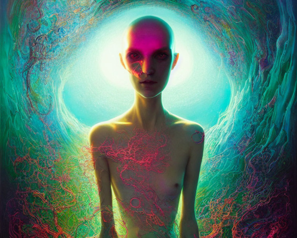 Bald Figure with Luminescent Skin in Cosmic Background