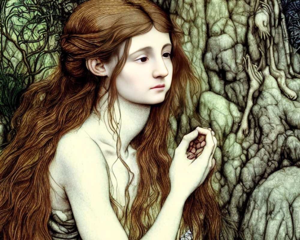 Young woman with wavy hair in mystical forest scene