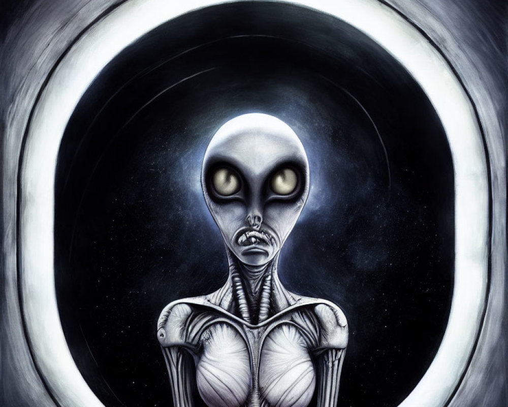 Alien illustration with large eyes in concentric circles on starry space background