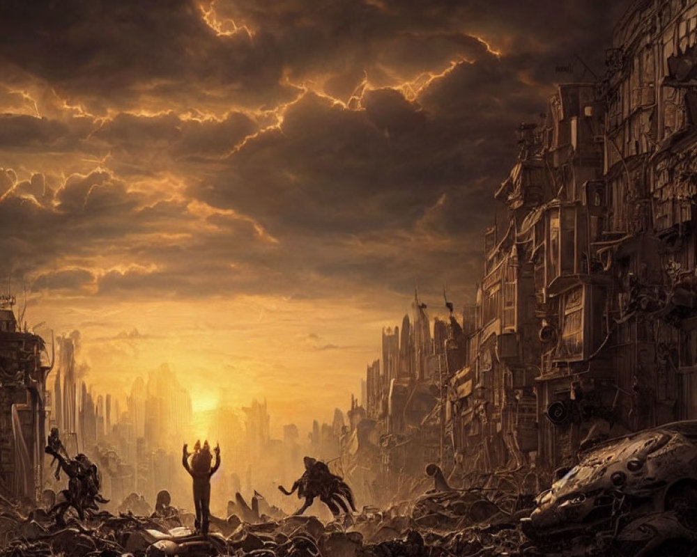 Dystopian landscape with ruins, armed figures, and dramatic sky