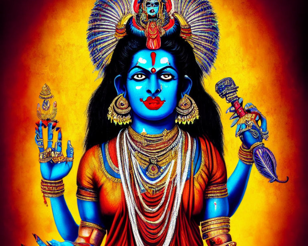 Vibrant Hindu deity Kali with blue skin and multiple arms on fiery orange backdrop