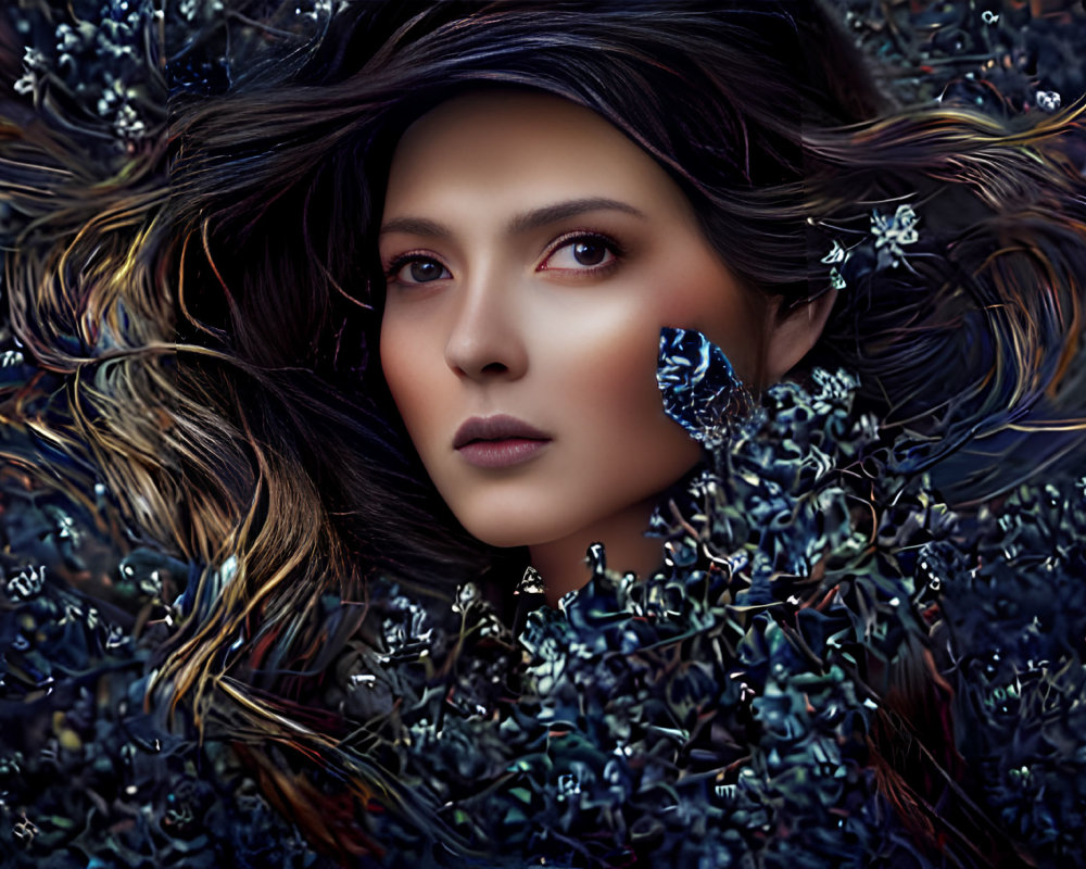 Woman surrounded by mystical flowers and butterfly, hair intertwined.