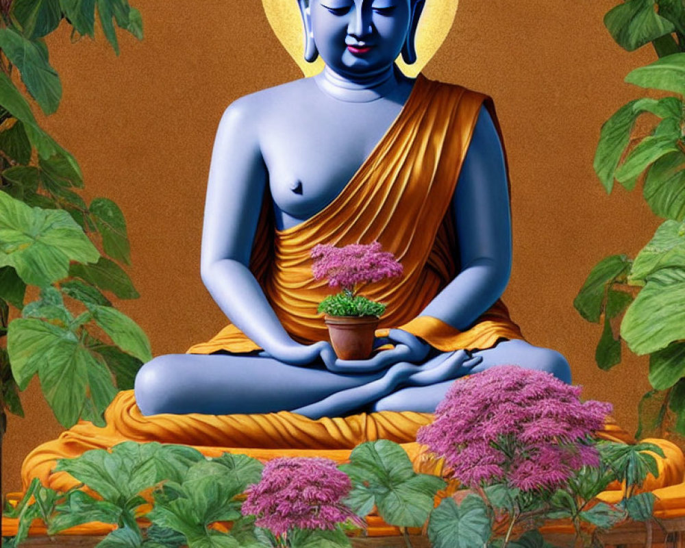 Blue Buddha statue meditating with potted plant in serene setting