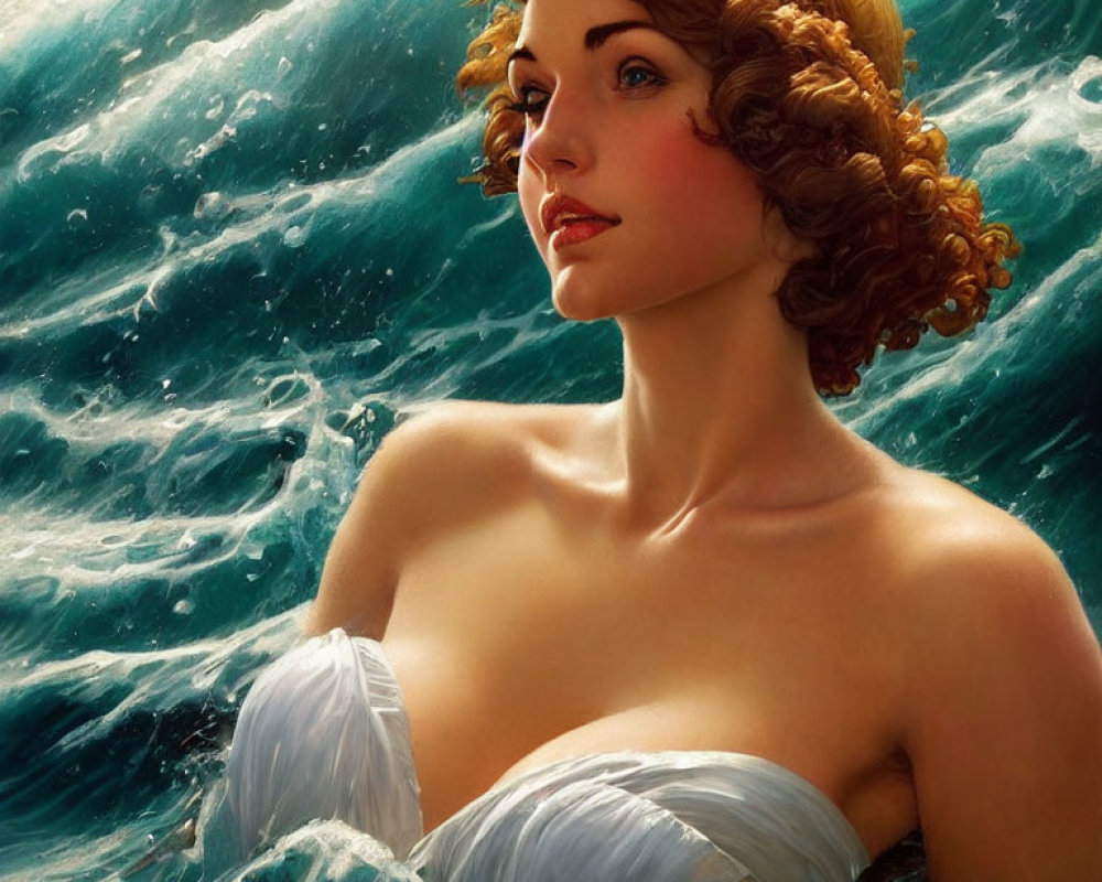 Red-Haired Woman in White Garment Emerging from Turbulent Sea Waves