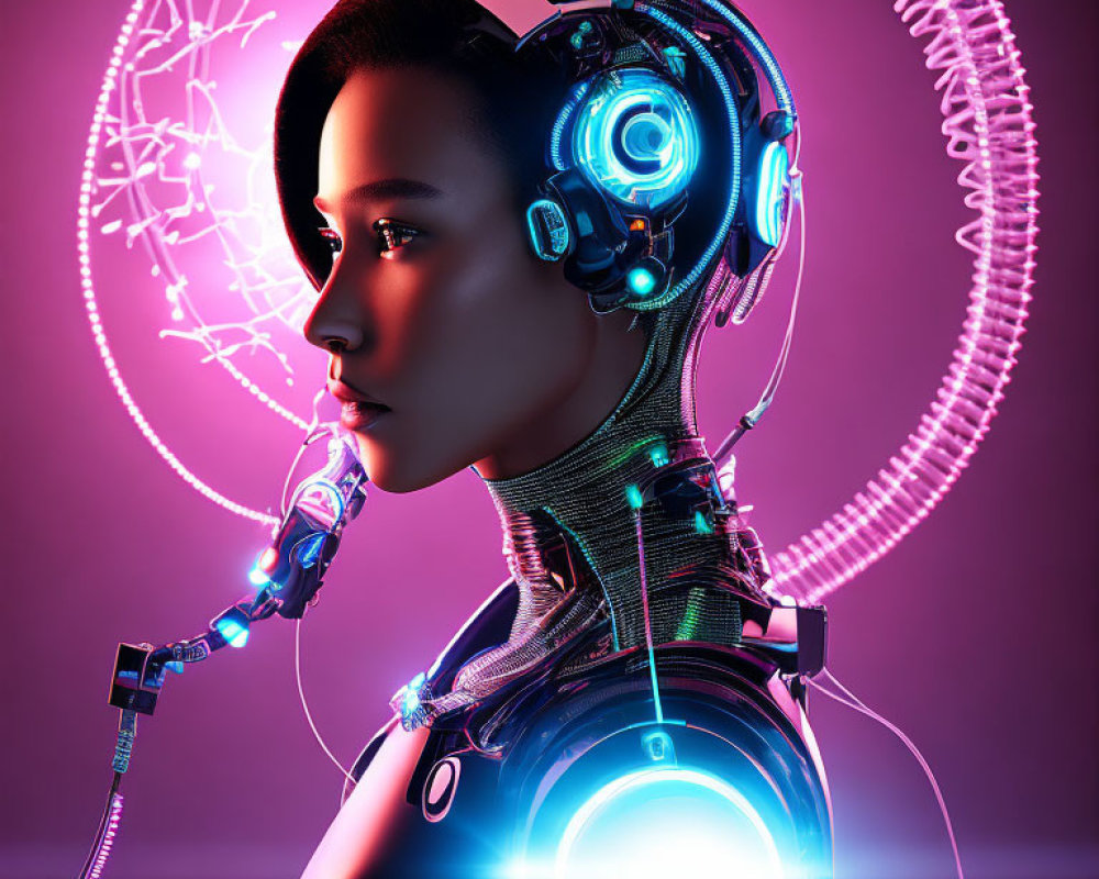 Futuristic female android with cybernetic elements and complex headset in neon-lit scene