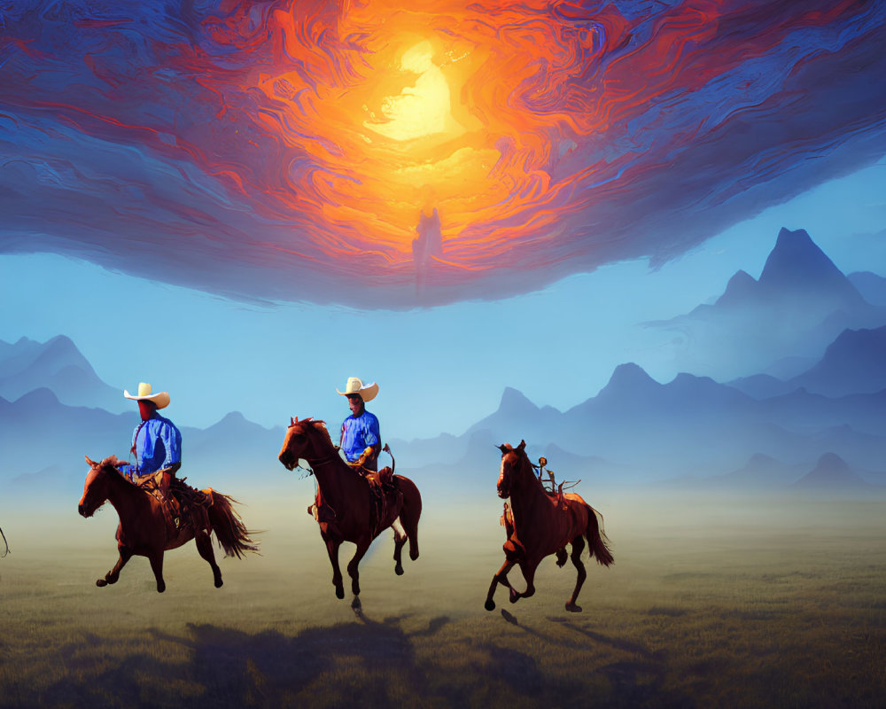 Cowboys riding horses under surreal red and orange sky