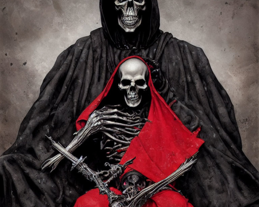 Sinister figure in dark cloak and red hood with skeletal face and hands