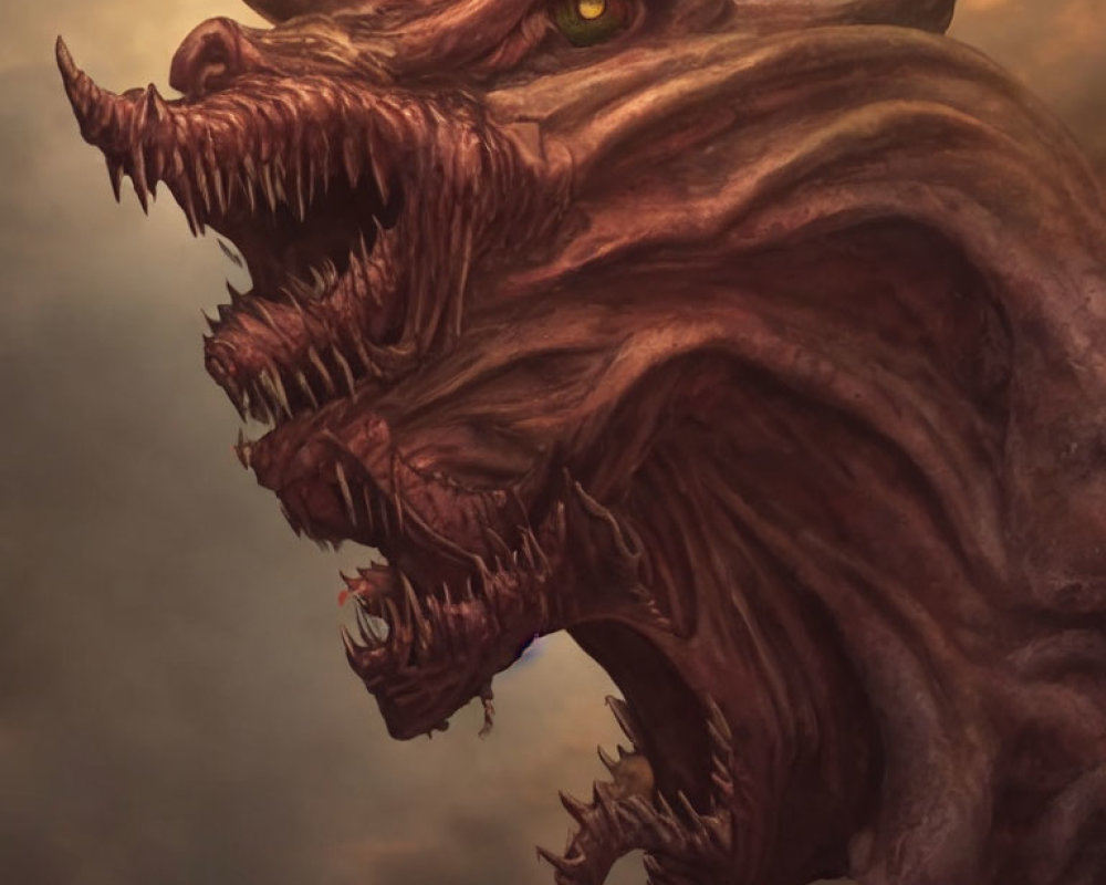 Detailed illustration of fierce dragon with sharp horns, fangs, and glaring yellow eye