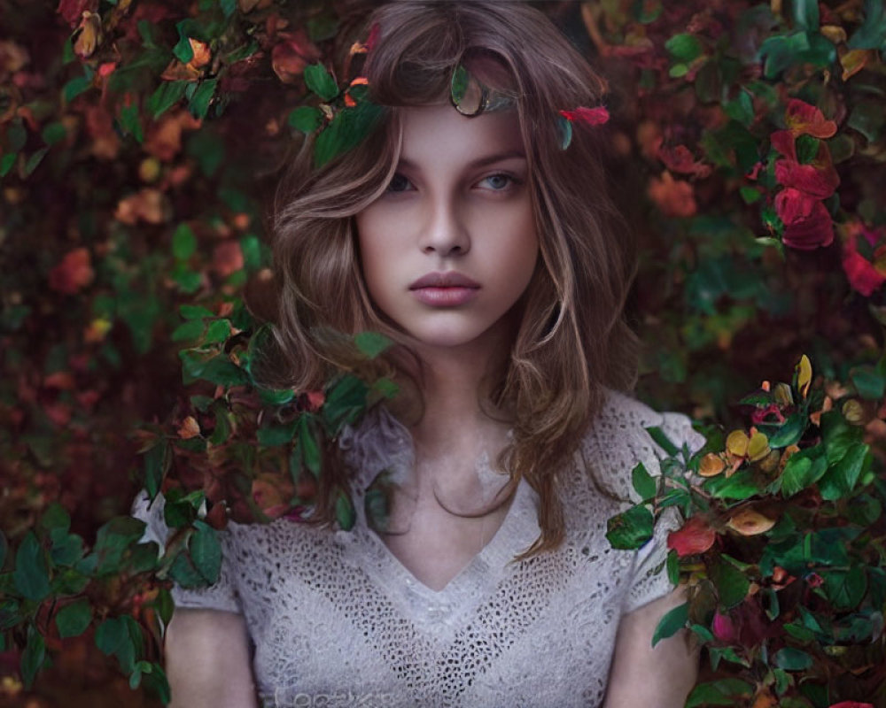 Ethereal young woman with fall foliage crown in colorful setting