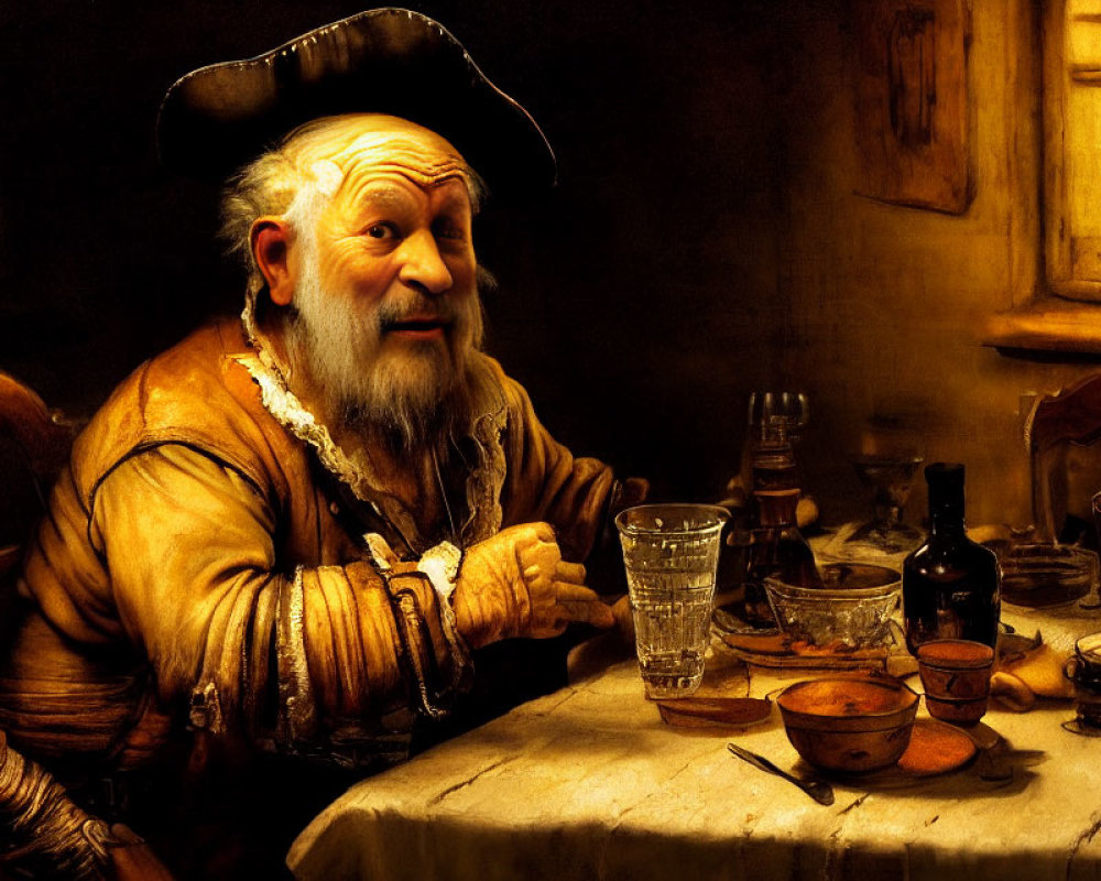 Historical attire: Cheerful old man at table with tricorne hat, glass, bottles,