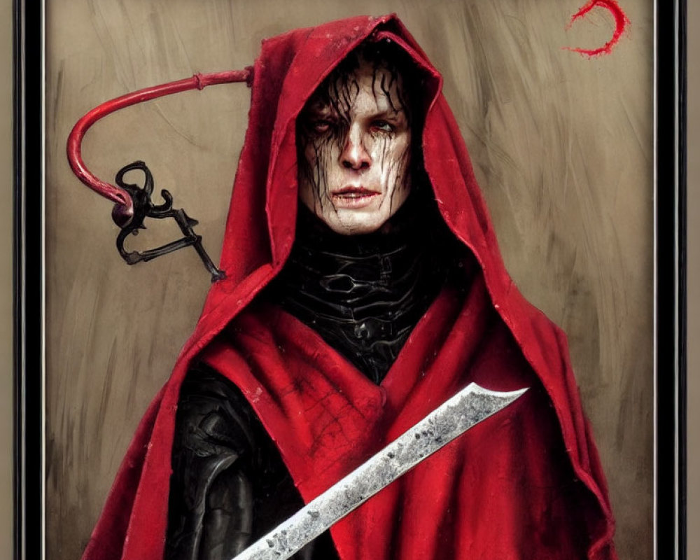 Brooding figure in red cloak with scythe and intense eyes