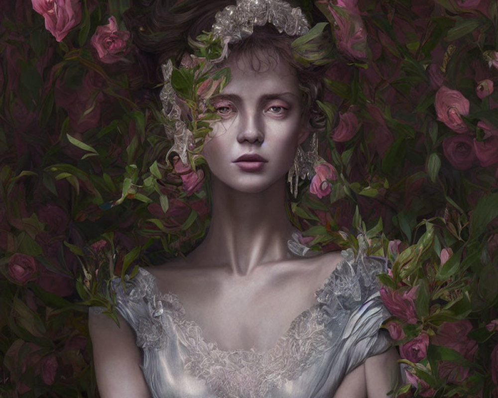 Woman with solemn expression surrounded by dark pink roses and floral elements, wearing silvery dress and intricate earrings