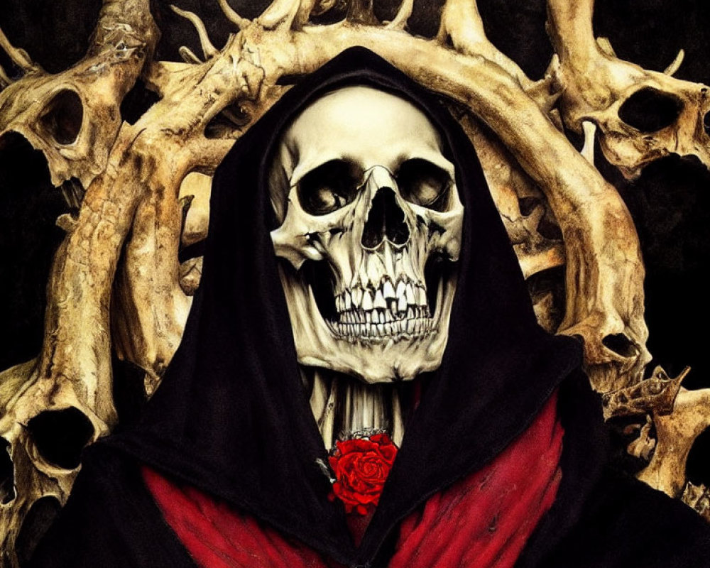 Skull with Dark Hood Holding Red Rose on Twisted Branches