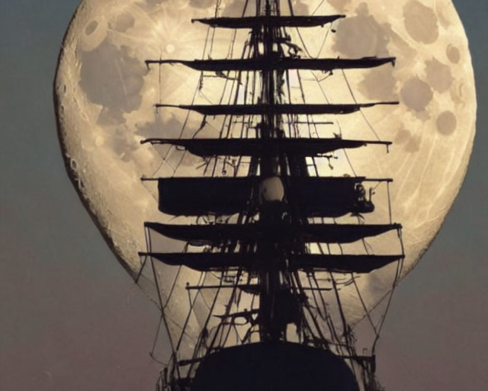 Sailboat silhouette against full moon with second ship in background