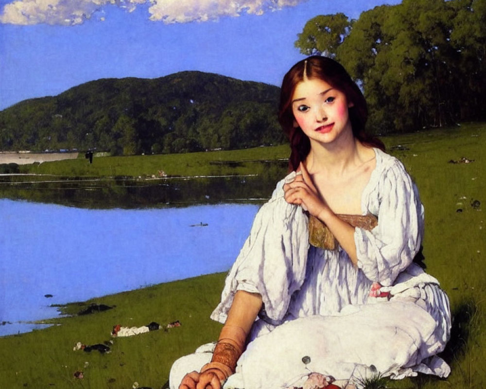 Woman in white dress by lake with wildflowers and serene landscape