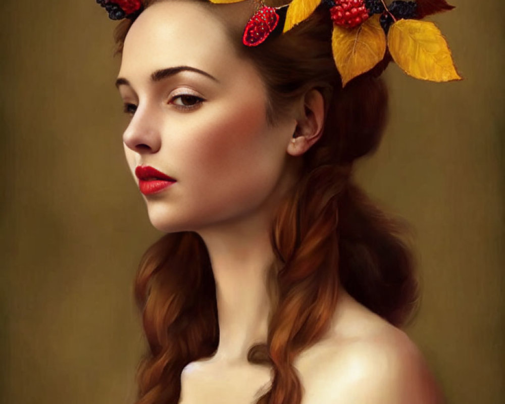 Woman with Autumn Leaves and Berries in Braided Hair and Red Lipstick on Warm Background