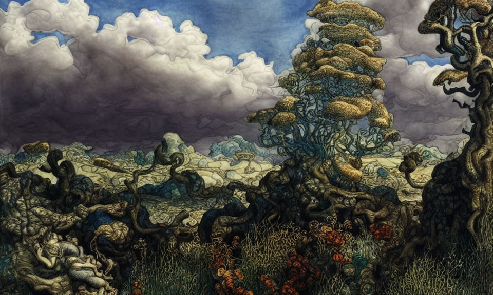 Fantastical landscape with towering mushroom-topped trees under a partly cloudy sky