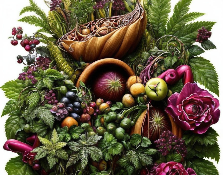 Colorful Still Life with Flowers, Fruits, and Vegetables in Wooden Bowl