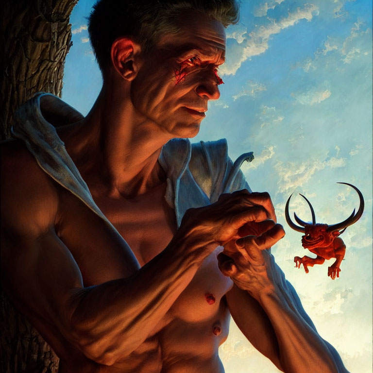 Muscular man with glowing red eyes holding red creature near tree under cloudy sky