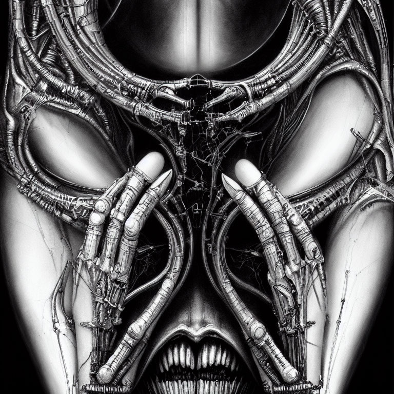 Monochrome humanoid robotic face with intricate details and hands covering eyes.