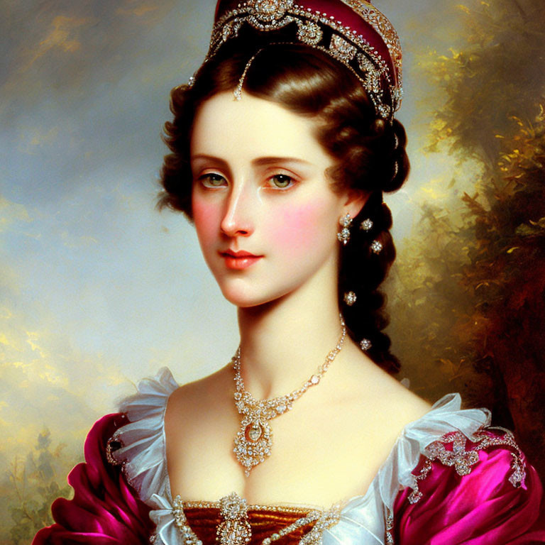 Woman in Blue and Pink Gown with Elegant Jewelry and Tiara