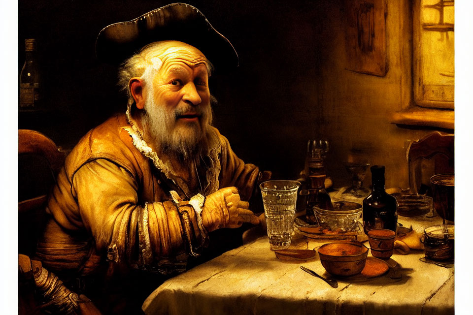 Historical attire: Cheerful old man at table with tricorne hat, glass, bottles,