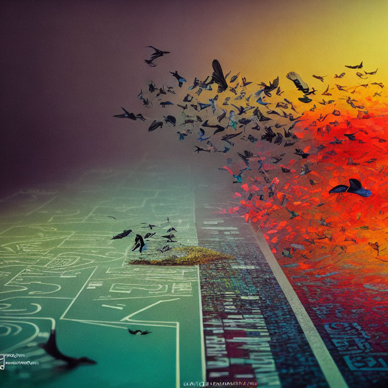 Digital art: Birds transitioning from monochrome to vibrant colors in cityscape.