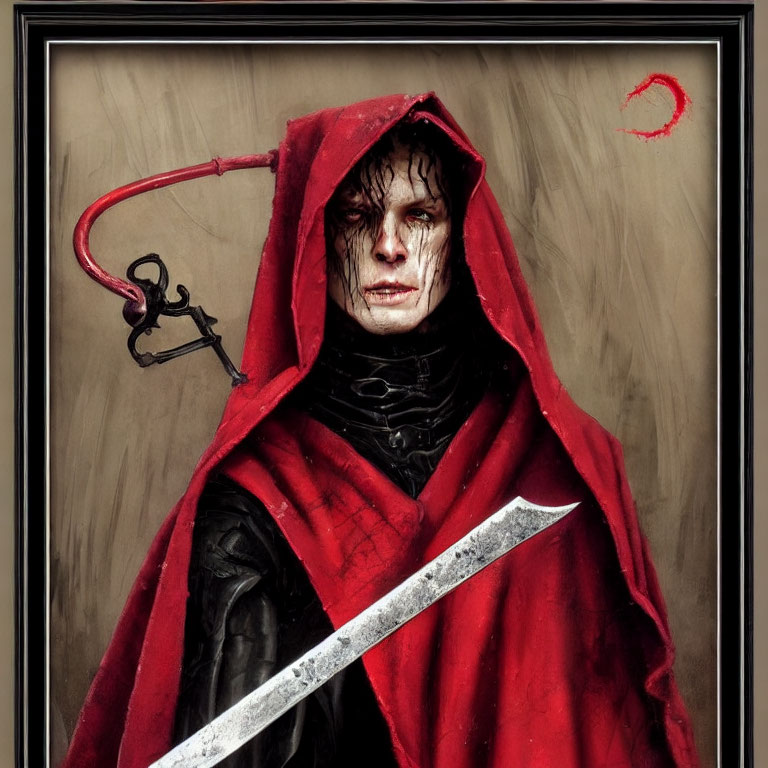 Brooding figure in red cloak with scythe and intense eyes